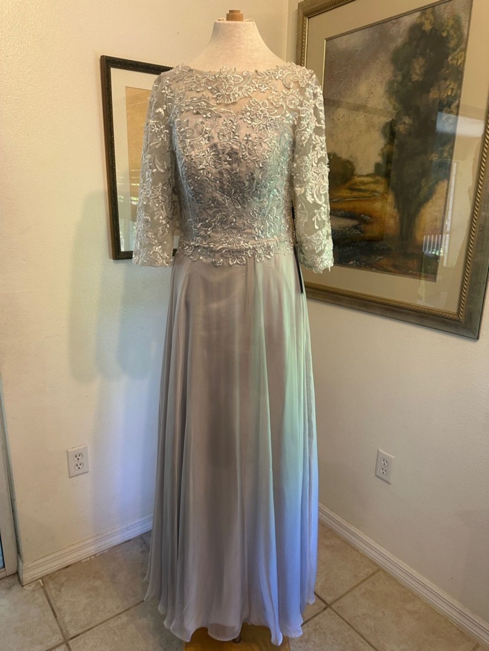 NWT Izilady Elegant Silver Lace Gown with Three-Quarter Sleeves Size 10